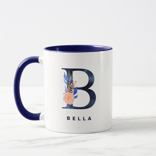 B Monogram Navy Blue Watercolor Floral Mug (Left)