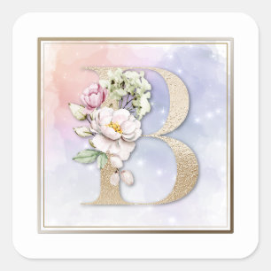 B Monogram Pink Floral Square Sticker