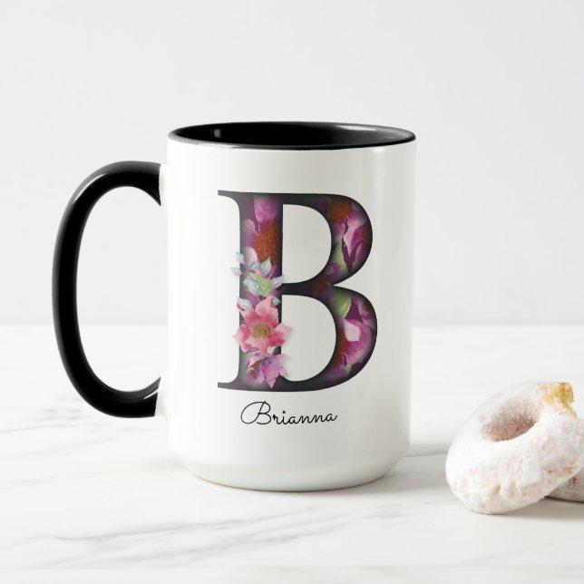 B Monogramme Purple Floral Nom personnalisé Mug (Avec donut)
