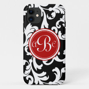 "B" Monogrammed Damask in Red and Black iPhone 11 Case