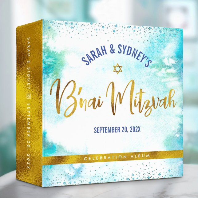 B’nai Mitzvah Gold Turquoise Watercolor Keepsake Binder (Creator Uploaded)