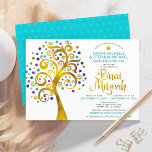 B’nai Mitzvah Turquoise Gold Tree of Life 2 Date Invitation<br><div class="desc">Be proud, rejoice and showcase this milestone of your favourite B’nai Mitzvahs! This graphic faux gold foil tree with sparkly turquoise, teal, purple and blue Star of David and dot “leaves” on a white background is the perfect invitation for this special occasion. A tiny, light turquoise blue Star of David...</div>