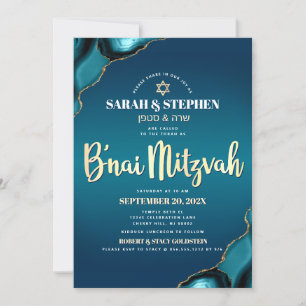 B’nai Mitzvah Turquoise Ombre Agate Gold Script Invitation