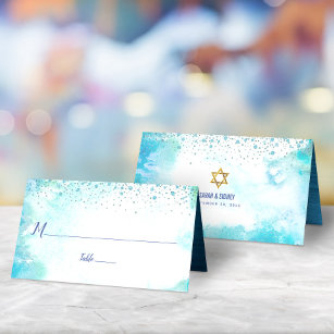 B’nai Mitzvah Turquoise Watercolor Custom Names Place Card