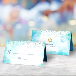 B’nai Mitzvah Turquoise Watercolor Custom Names Place Card<br><div class="desc">No B’nai Mitzvah party is complete without personalized place cards. Let your favourite B’nai Mitzvahs be proud, rejoice and celebrate their milestone at their perfectly coordinated party. Stunning, modern, tiny blue confetti dots overlay a turquoise blue watercolor background. Faux brushed metallic turquoise blue foil adorns the inside. Personalize the custom...</div>