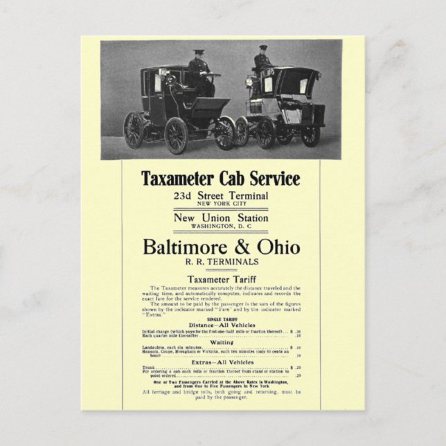 B+O Railroad Taxameter Cab Service 1908 Postcard (Front)