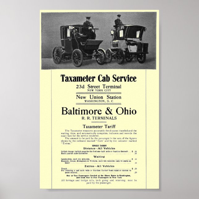 B+O Railroad Taxameter Cab Service 1908 Poster (Front)
