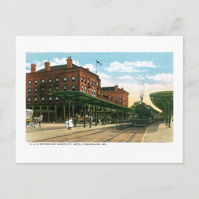 B&O Station & Queen City Hotel, Cumberland, MD Postcard (Front)