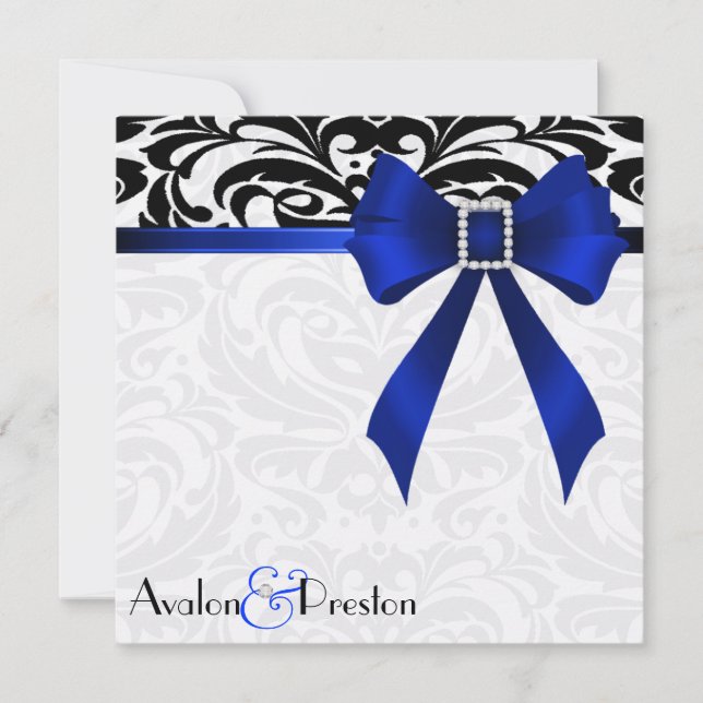 B&W Brocade Blue Bow Damask Wedding Invitation (Front)