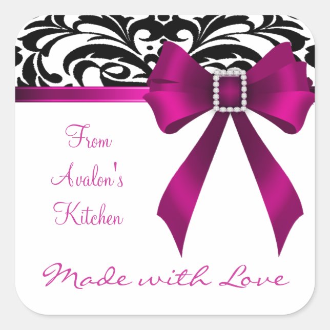 B&W Brocade Pink Bow Baking Stickers (Front)