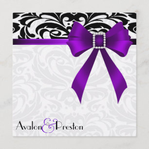 B&W Brocade Purple Bow Damask Wedding Invitation