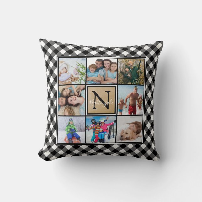 B&W Buffalo Check 8 Photo Monogram & Name Throw Pillow (Front)