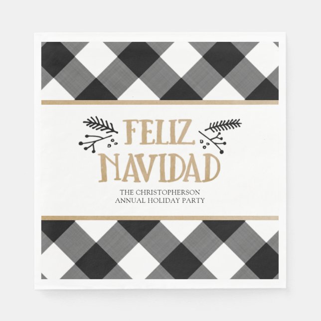 B&W Buffalo Check Brown Kraft Feliz Navidad Napkin (Front)