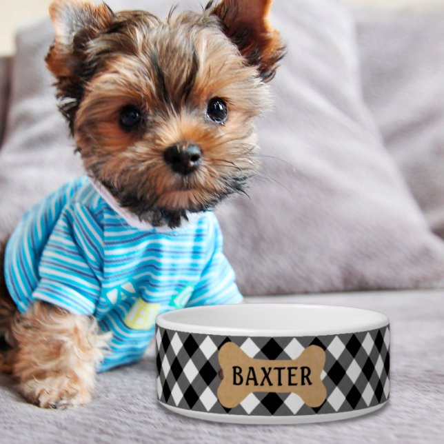 B&W Buffalo Check Dog Bone Name Bowl (Creator Uploaded)