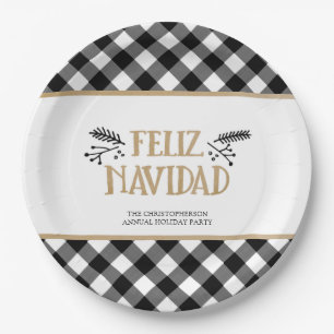 B&W Buffalo Check FELIZ NAVIDAD Personalized Paper Plate