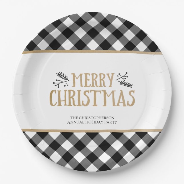 B&W Buffalo Check MERRY CHRISTMAS Personalized Paper Plate (Front)