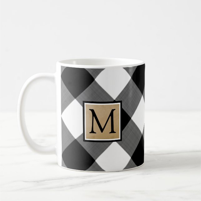 B&W Buffalo Check Monogram Coffee Mug (Left)