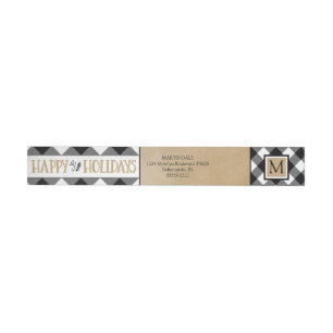 B&W Buffalo Check Monogram HAPPY HOLIDAYS Wrap Around Label