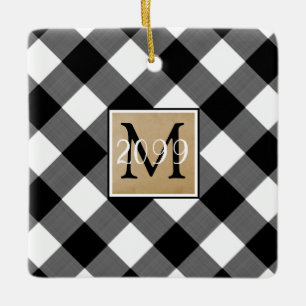 B&W Buffalo Check Monogram Photo Keepsake Ceramic Ornament