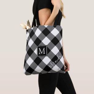 B&W Buffalo Check Plaid Monogram Name Tote Bag