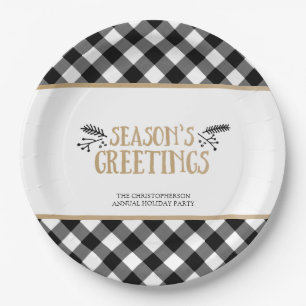 B&W Buffalo Check SEASONS GREETINGS Personalized Paper Plate