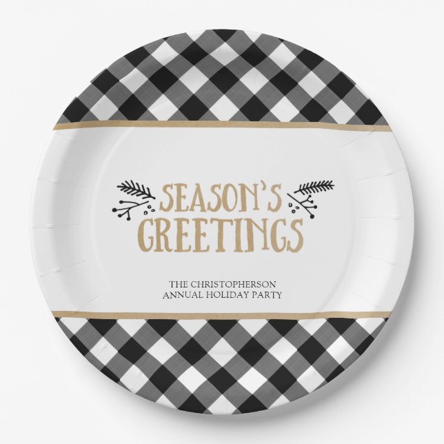 B&W Buffalo Check SEASONS GREETINGS Personalized Paper Plate (Front)