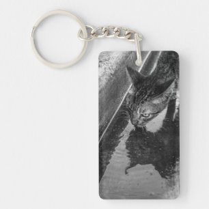 B&W - Cat Drinking Keychain