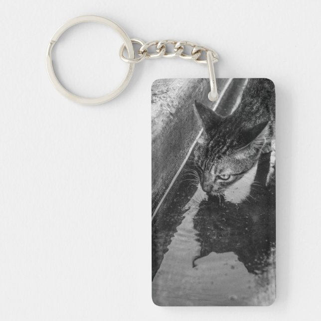 B&W - Cat Drinking Keychain (Front)