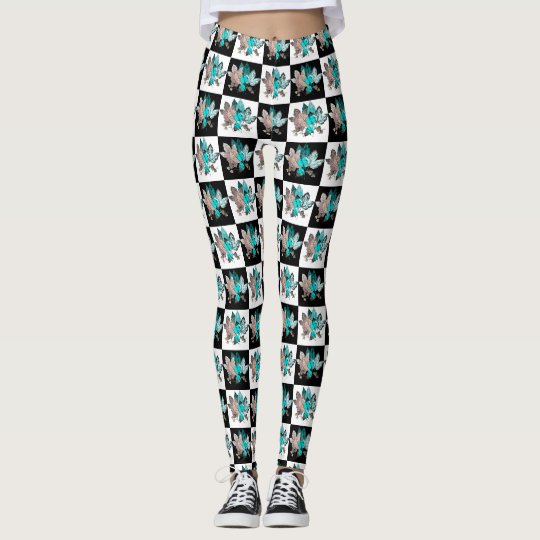 B&W Chequerboard 2, w Turquoise/Rose Leaves Leggings
