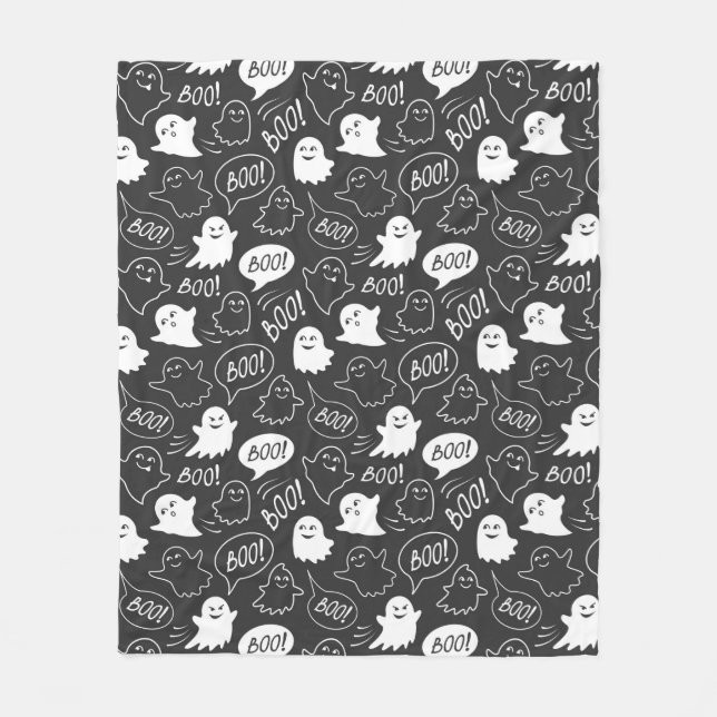 B&W Cute Doodle Halloween Pattern Fleece Blanket (Front)