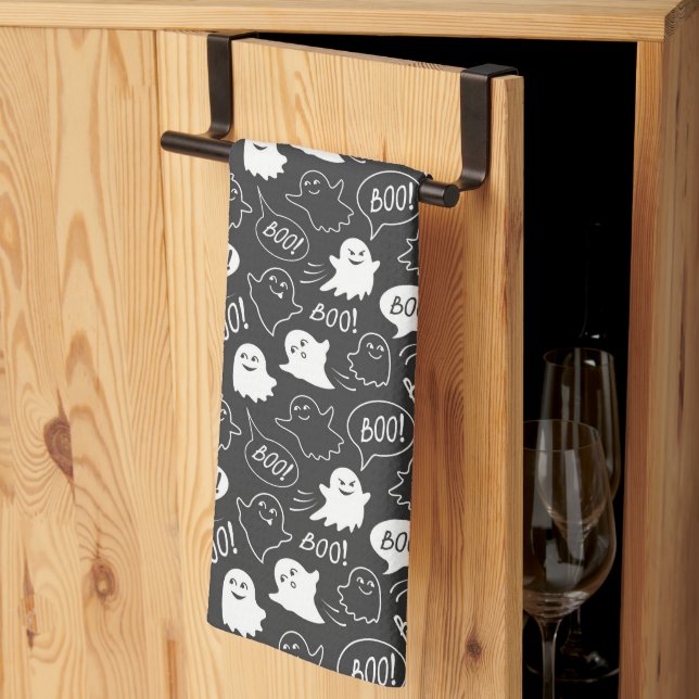 B&W Cute Doodle Halloween Pattern Kitchen Towel (Thirds Fold)
