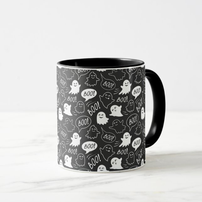 B&W Cute Doodle Halloween Pattern Mug (Front Right)