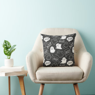 B&W Cute Doodle Halloween Pattern Throw Pillow