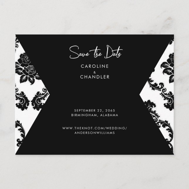 B/W Damask Photo Wedding  Save The Date Postcard (Front)