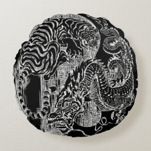 B&W Dragon Tiger Yin Yang Symbol Etch Round Pillow