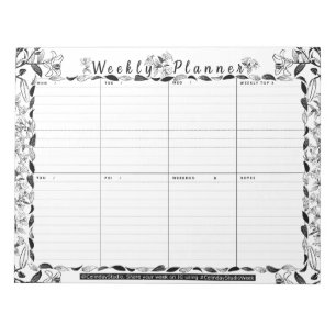 B&W Floral Lily Weekly Planner Week At A Glance Notepad