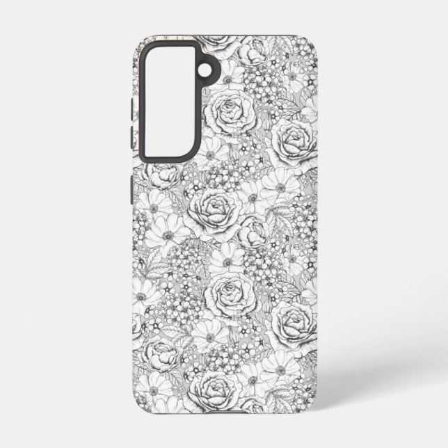 B&W Flower Garden Rose Pattern Samsung Galaxy S21 Case (Back)
