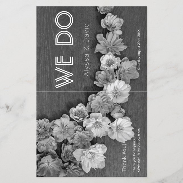 B & W Garden Hellebore Wood Wedding Program (Front)