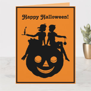 B/W Halloween Boy Girl Sitting Pumpkin Invitation 