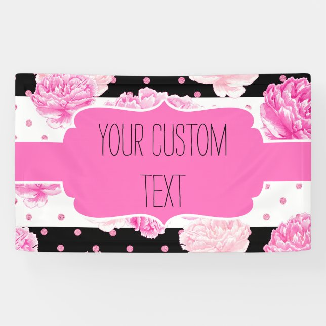 B&W Horizontal Stripes Dots Pink Floral Birthday Banner (Horizontal)
