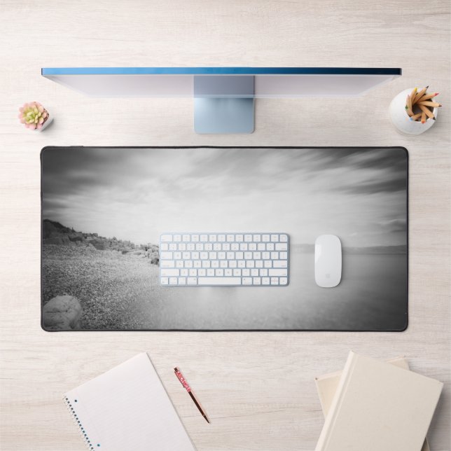 B&W long exposure of a beach in Rabac, Croatia Desk Mat (Office 1)