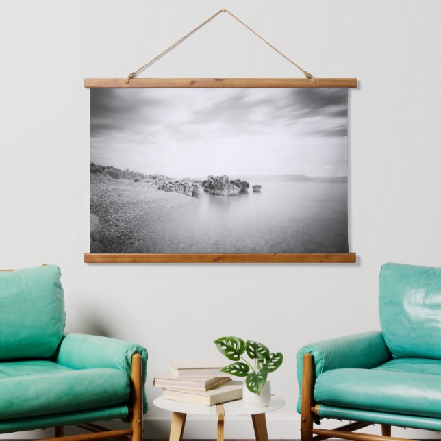 B&W long exposure of a beach in Rabac, Croatia Hanging Tapestry (Living Room)