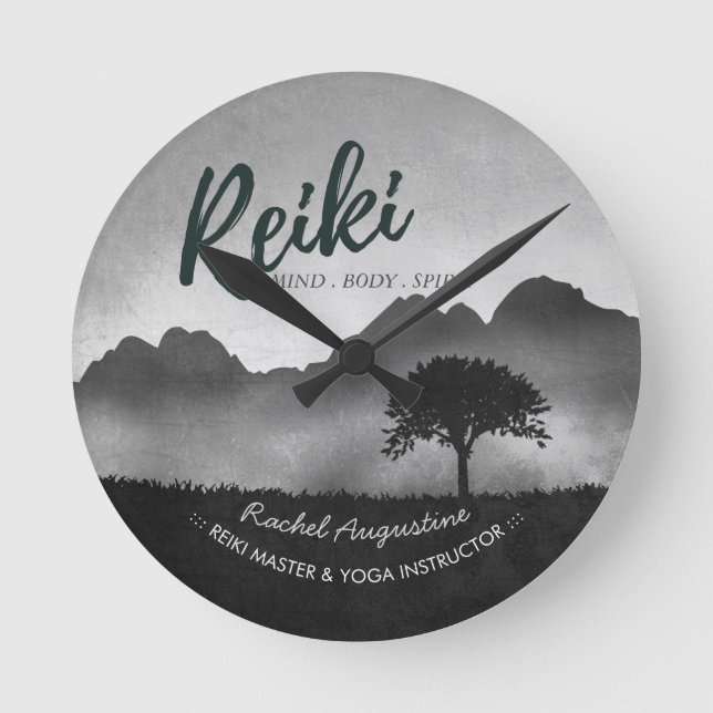 B&W Natural Reiki Master Yoga Mediation instructor Round Clock (Front)
