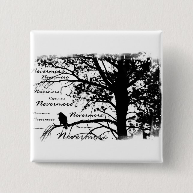 B&W Nevermore Raven Silhouette 2 Inch Square Button (Front)