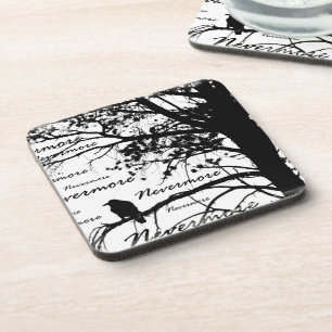 B&W Nevermore Raven Tree Silhouette - E.A. Poe Coaster