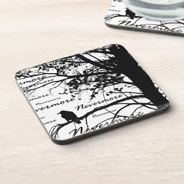 B&W Nevermore Raven Tree Silhouette - E.A. Poe Coaster (Left Side)