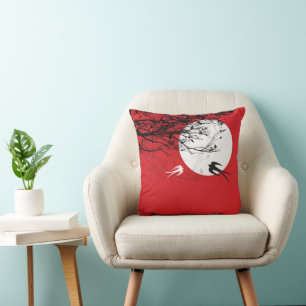 B&W Oriental Swallows Moonlight Tree Branches Throw Pillow