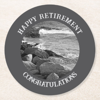 B & W Photography of Wavy Ocean Retirement Party Round Paper Coaster