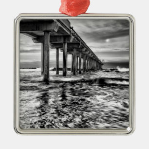 B&W pier at dawn, California Metal Ornament