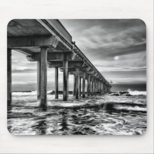 B&W pier at dawn, California Mouse Pad